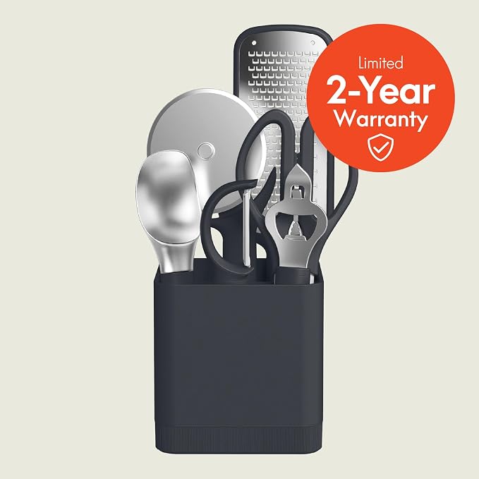 bella 7-Piece Modular Gadget Set, Grater, Pizza Cutter, Ice Cream Scoop, Peeler, Shears, Bottle Opener, Crock with removable divider, Dishwasher Safe, Slate