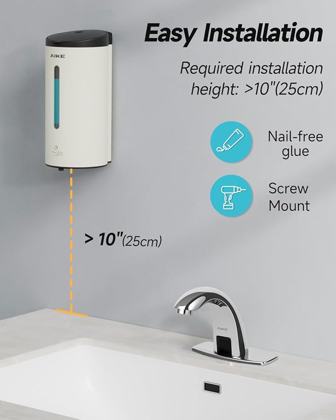 AIKE Automatic Foaming Soap Dispenser 25oz for Bathroom,Mattewhite AK1205FA | Rich Foam and Stainless Steel,No-drill and Screw Wall Mount,5-Level Adjustable and Key for Commercial(Batteries Not Included)