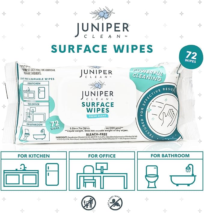 Juniper CLEAN 24 Pack Surface Cleaning Wipes Bleach Free, All-Purpose Cleaner for Bathroom, Kitchen, Office, 1728 Count Soft Flow, Fresh Scent, Bleach Free, Lint Free, Durable