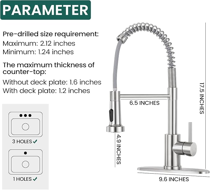 Kitchen Faucet with Pull Down Sprayer, Brushed Nickel | 2-mode sprayer, 360° high arc spout, 304 SS build, drip-free valve, fingerprint-resistant, DIY install, NSF certified