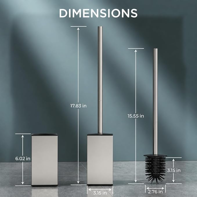 FORIOUS Short Toilet Brush and Holder Set, Heavy Duty 304 Stainless Steel Base Square and Long Handle for Bathroom Deep Cleaning, Space Saving for Storage, 2 Toilet Bowl Brush Head, Brushed Nickel
