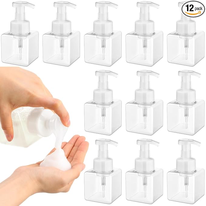 Domensi Foaming Soap Dispenser 8.5 oz Foam Pump Bottle Bulk Empty Travel Foaming Dispenser Refillable Hand Soap Plastic Pump Bottle Travel Clear Container for Bathroom Vanities(12 Pcs,White)