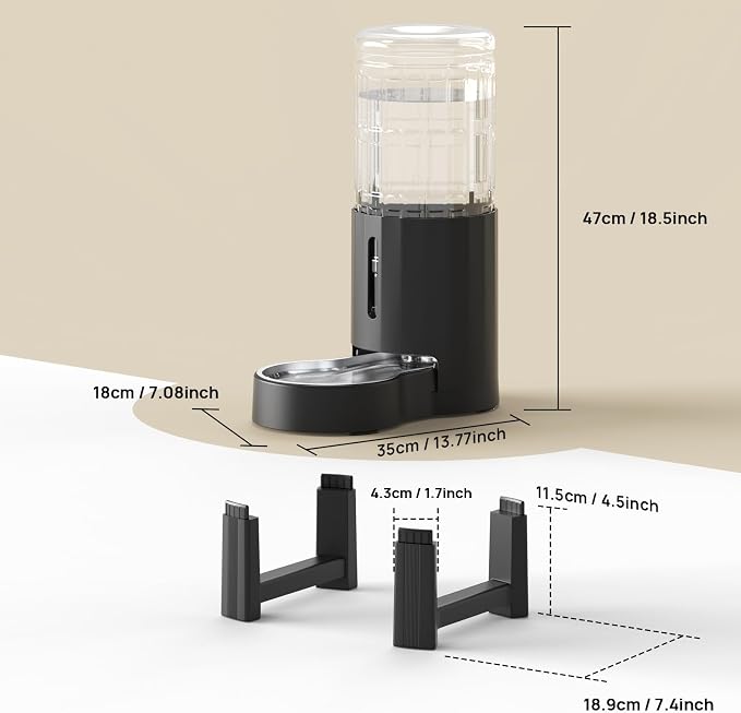 CZPET Elevated Dog Water Bowl Dispenser for Large Dogs (9.5L+Stand,Black) | With Stainless Steel Bowl Gravity Waterer, Large Capacity and Drinking Area Noise-Free for Pets