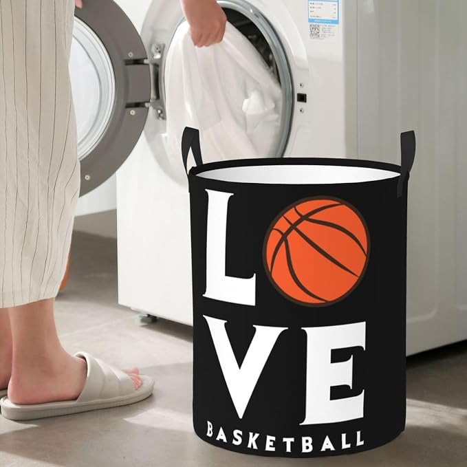 Love Basketball Laundry Hamper Laundry Basket Circular Hamper Dirty Clothes Storage with Handles