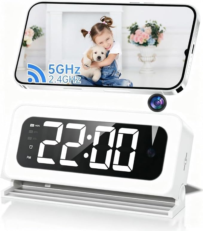 2K Alarm Clock Camera, 5G & 2.4G WiFi Indoor Nanny Cam for Home Security, Full Color Night Vision, AI Human Motion Detection, Local SD Storage
