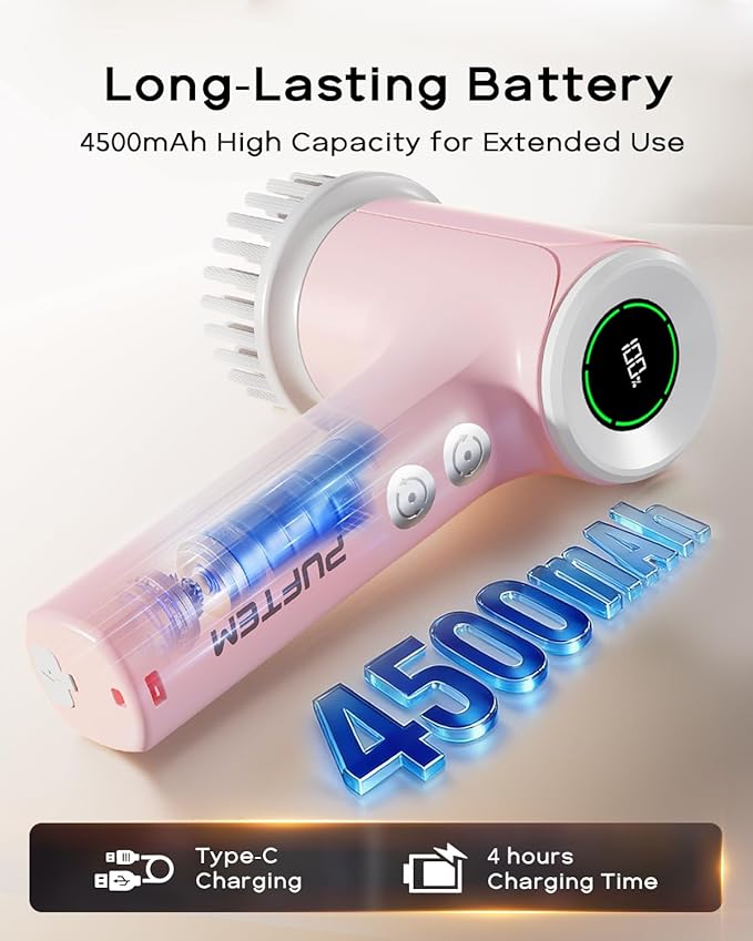 PUFTEM Shower Scrubber, Electric Spin Scrubber for Bathroom Cleaning – Cordless Shower Cleaner Brush with 6 Brush Heads, Dual-Direction Rotation, for Grout, Tile, Tub, Sink & Corners, Pink
