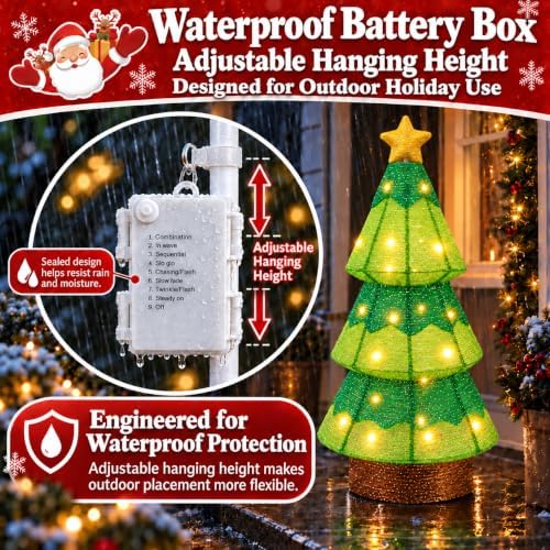 27.5-Inch Lighted Christmas Tree for Outdoor Christmas Decorations, Battery Operated Pop-Up Decor with 45 Warm White LEDs, 8 Lighting Modes, Timer, Collapsible Design for Porch, Yard and Lawn