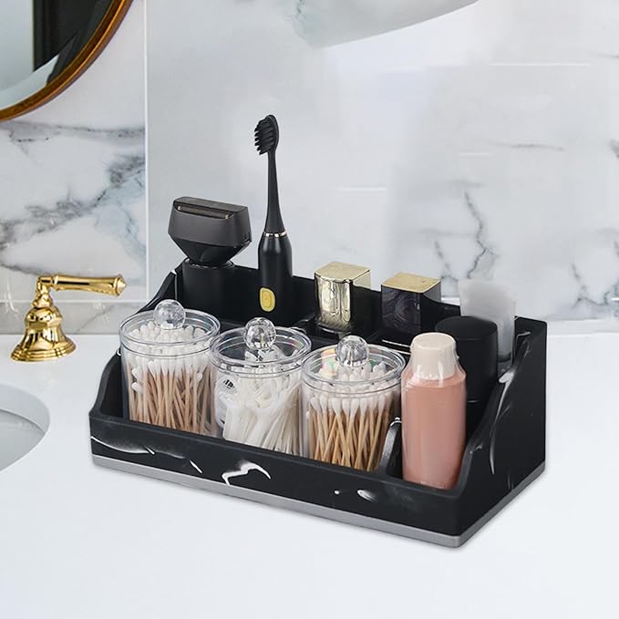 Bathroom Counter Organizer Toothbrush Holder Durability Home Use 5 Compartments Resin with 3 Qtip Holder Toothbrush Organizer (Black)