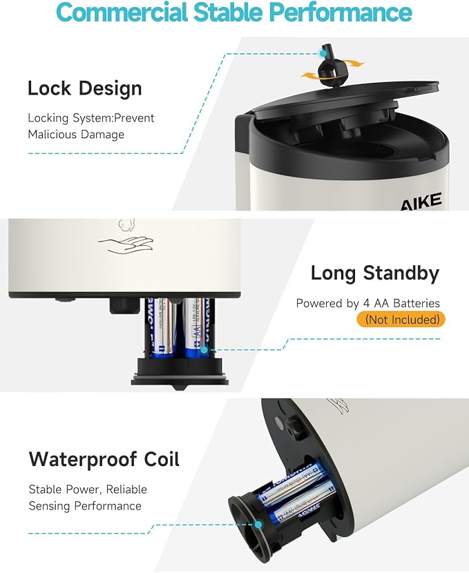 AIKE Automatic Foaming Soap Dispenser 25oz for Bathroom,Mattewhite AK1205FA | Rich Foam and Stainless Steel,No-drill and Screw Wall Mount,5-Level Adjustable and Key for Commercial(Batteries Not Included)