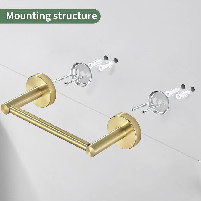 Gold Bathroom Hardware Set, Brushed Gold Toilet Paper Holder Towel Ring Robe Hooks Wall Mount Hand Towel Holder Bath Accessories Stainless Steel, 3 Pieces