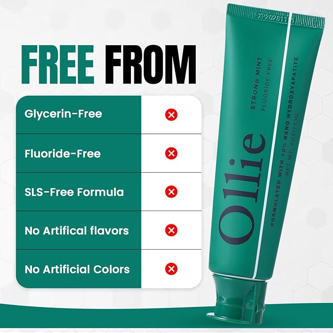 Ollie Fluoride Free 10% Nano Hydroxyapatite Toothpaste, Strong Mint, 4oz | Rod-Shaped Nano HAP, Remineralizes Enamel, Reduces Sensitivity, Reverses Small Cavities, Naturally Whitens Teeth, (Pack of 1)