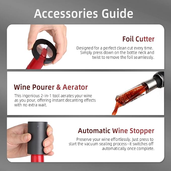 Electric Wine Opener Set, Rechargeable 4-in-1 Corkscrew Luxury Gift Box with Charging Vacuum Stopper, Aerator Pourer & Foil Cutter,Cordless Metal Automatic Bottle Opener Kit for Men & Women