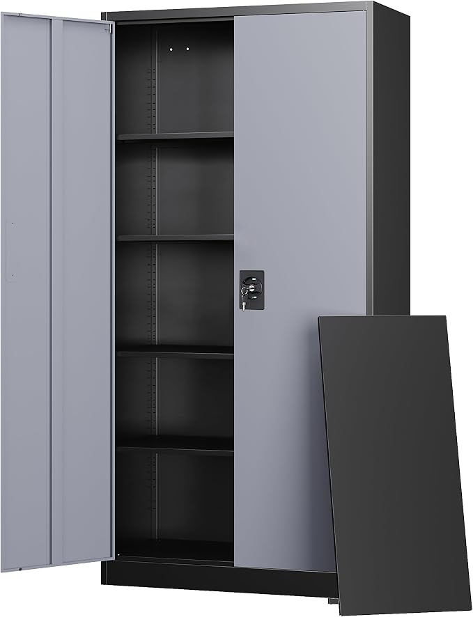 Metal Garage Storage Cabinets with Lock Door and Adjustable Shelves, Steel Tool Cabinets for Home,Office,Warehouse Organisieren (Black Gray)