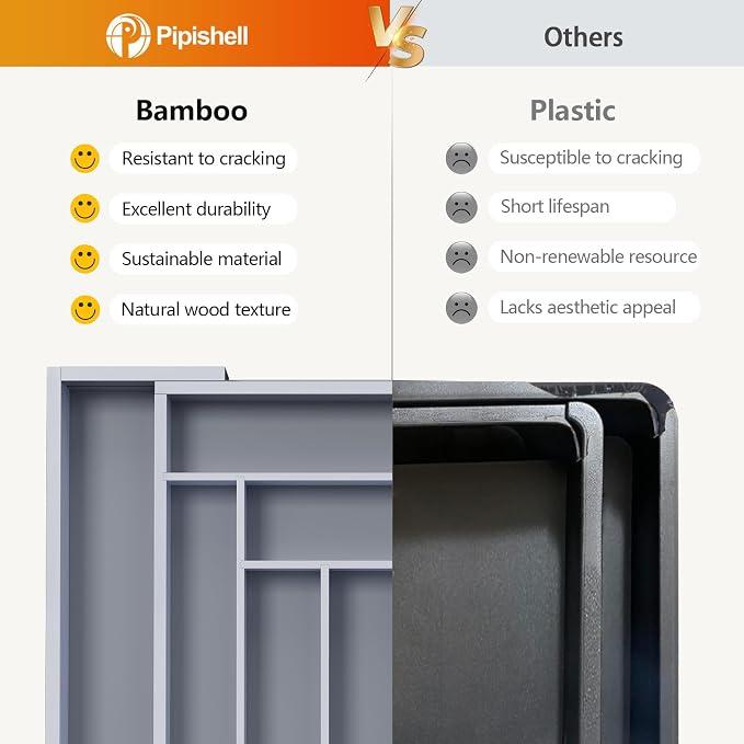 Pipishell Bamboo Expandable Drawer Organizer for Utensils Holder, Adjustable Cutlery Tray, Wood Drawer Dividers Organizer for Silverware, Flatware, Knives in Kitchen, Bedroom, Living Room(Grey)