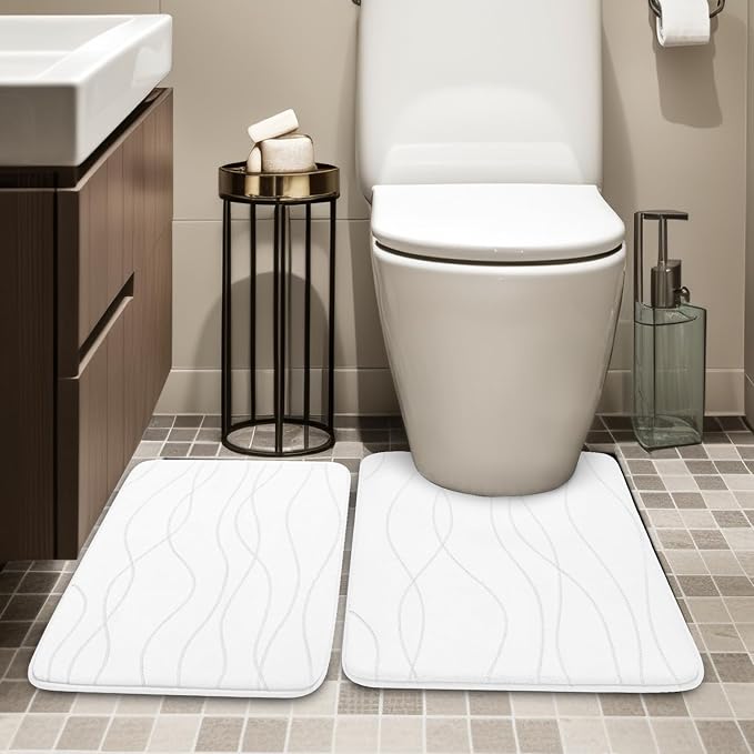 YIHOUSE Bathroom Rugs Set 2 Piece, Memory Foam Bath Mat White | U Shaped+Small Mat, Ultra Soft, Absorbent, Non-Slip, Machine Washable, for Bathroom, Sink and Toilet