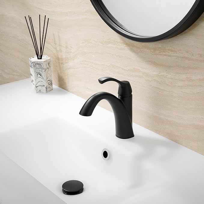 TimeArrow Bathroom Sink Faucet Matte Black, Single Handle Bathroom Faucet for 1 Hole with 3 Holes Deck Plate, Lavatory Vanity Faucets, Pop Up Drain and Water Supply Lines Included, TAF206-MB