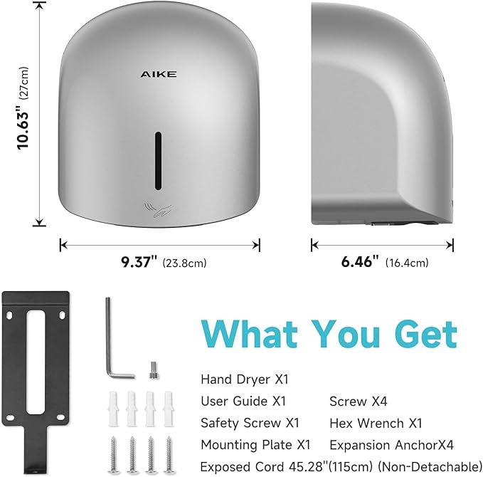 AIKE GentleAir Warm Hand Dryer,Low Noise Perfect for Home Bathrooms,Silver Cover AC110V-130V,Model AK2637