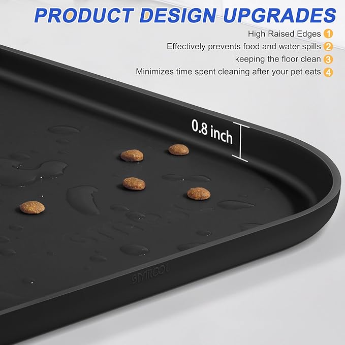 SMILOOL Waterproof Silicone Pet Food Mat with Raised Edge for Dog & Cat | 24" x 16" Non-Slip Pet Feeding Mats with Lip for Food & Water Bowl, Food Grade, Easy Cleaning, Black