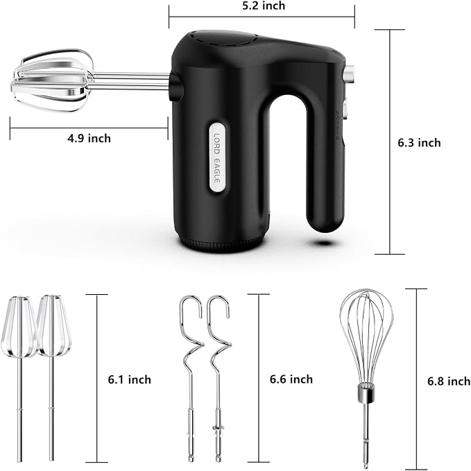 Lord Eagle 5-Speed Hand Mixer Electric With 4 Stainless Steel Mixing Bowls Set, 300W Lightweight Kitchen Handheld Mixer with Measuring Cups & Spoons, Baking Supplies for Cake, Black