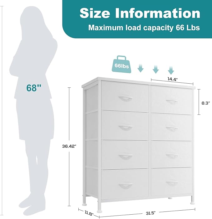 OLIXIS 8 Drawer Storage Dresser with Wood Top - Wide Fabric Chest Organizer for Bedroom, Closet, Living Room,Tower Cabinet, TV Stand, Hallway Entryway Furniture,White