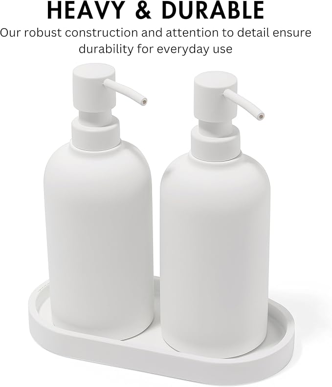 Matte White Round Soap Dispenser Set with Tray for Kitchen, Countertop & Bathroom – 2 Pack 15 oz Refillable Resin Pump Bottle for Dish Soap, Hand Soap, Shampoo, Conditioner – Non-Slip Protective Pads