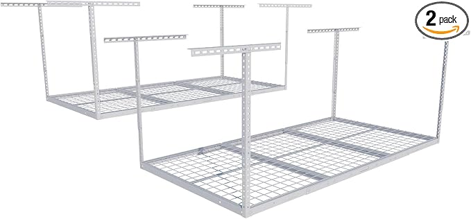 FLEXIMOUNTS 3x6 Overhead Garage Ceiling Storage Rack, 2 Pack, White | 450lbs Weight Capacity, 22"-40" Adjustable Organization System, Heavy-Duty Metal Ceiling Racks, Classic Series
