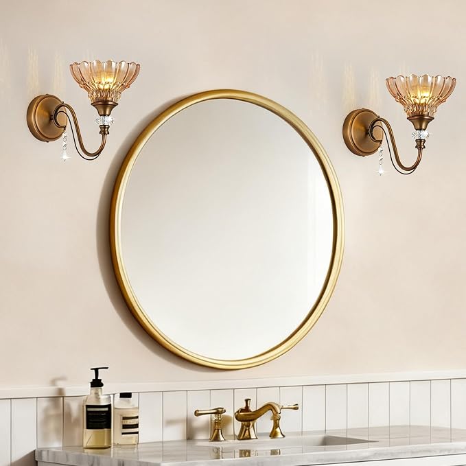 1 Piece Vintage Wall Sconce, 1-Light Matte Antique Brass Finish Wall Sconce with Hanging Crystal Accents and Flower-Shaped Amber Shades for Bathroom Bedroom Living Room,Vintage Vanity Light