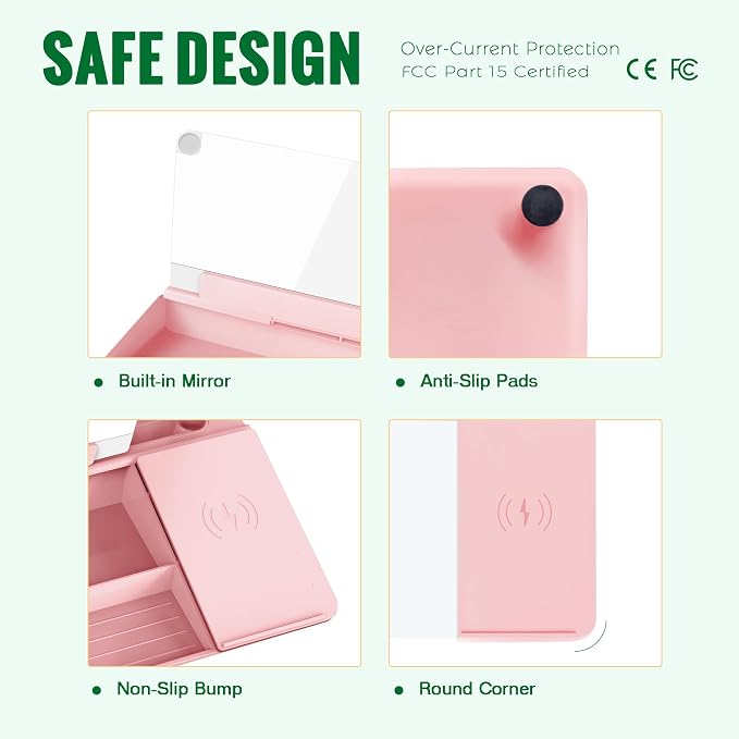 SELEAD Desktop Glass Whiteboard with Wireless Charger Station and Mirror, Dry Erase Board Computer Pad Keyboard Stand with Organizer for Home, School, Office Desk Accessories, Pink
