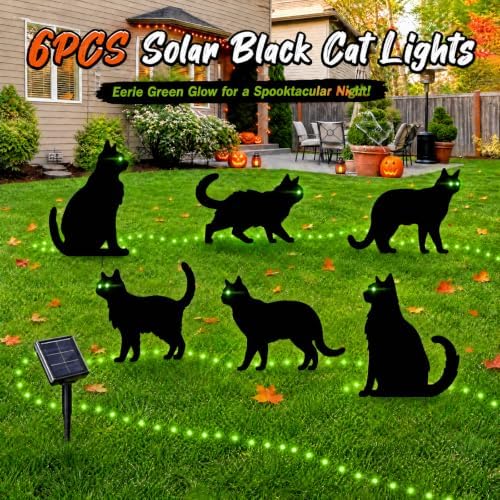 6 Pack Halloween Black Cat Yard Decorations, Solar Powered Green Eyes
