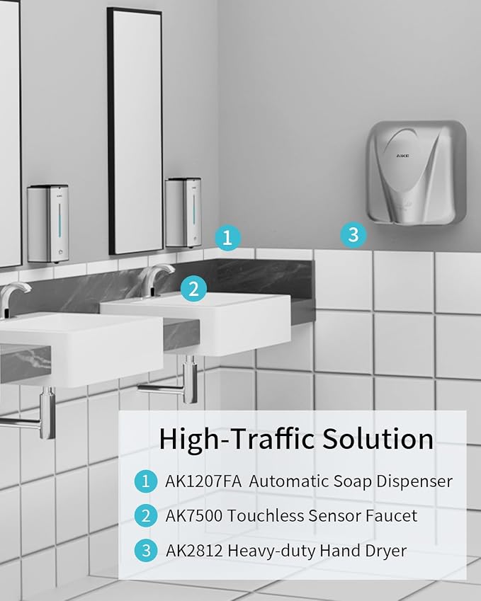 AIKE Automatic Foaming Soap Dispenser 33.8oz for Bathroom,Polished AK1207FA | Rich Foam and Steel Finish,5-Level Adjustable and Key for Commercial(Battery Not Included),Screw Wall Mount for Space-Saving
