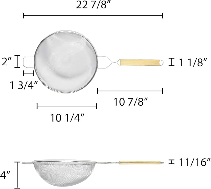 TrueCraftware- 10-Inch Single Medium Mesh Strainer Stainless Steel 10-3/4" Handle Length Wooden Handle- Kitchen Utensil Food Strainer Skimmer Spoon for Cooking Sieve Sifters Pasta Fruits Vegetable
