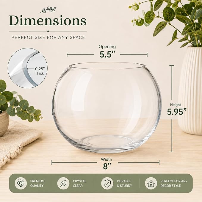 Glass Bubble, 6" Height x 8" Width Glass Fish Bowl Vase, Bubble Bowl vase for Terrarium, Flower vase Centerpiece