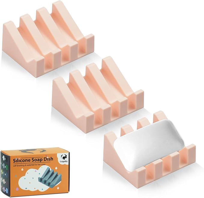 Self Draining Soap Dish Holder,Silicone Soap Dish,for Bathroom,Kitchen, Sponges，Can Extend Soap Life，Keep Soap Bars Dry and Easy Cleaning (Pink,3-Pack)