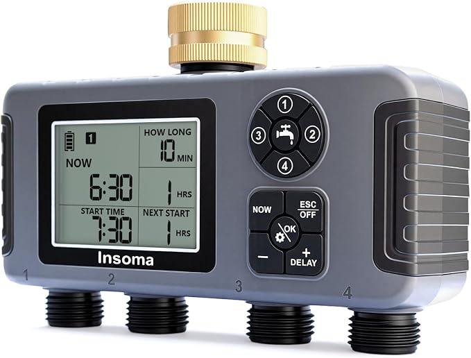 Insoma 4-Zone Water Timer with Brass Inlet, Automatic Garden Hose Timer with Manual/Rain Delay & Large Display, IPX5 Waterproof Faucet Timers for Sprinkler System, Yard, Lawn, Greenhouse