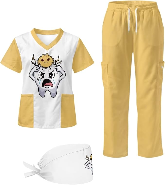 Gomyblomy Women's Scrubs Suit 3-Piece Set | Teeth Print V-Neck Top & Pants & Cap, Breathable and Stretch Fabric, S-5XL