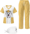 Gomyblomy Women's Scrubs Suit 3-Piece Set | Teeth Print V-Neck Top & Pants & Cap, Breathable and Stretch Fabric, S-5XL
