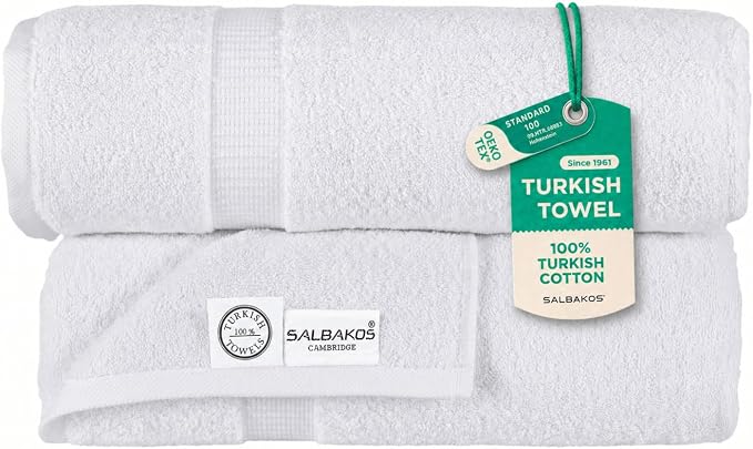 SALBAKOS 2-Piece 100% Turkish Cotton Bath Towels, Extra-Large 35x70, White | Oversized Bath Sheet Towel for Bathroom & Beach, Thick, Super Soft, Highly Absorbent, Premium Hotel Quality, Made in Turkey
