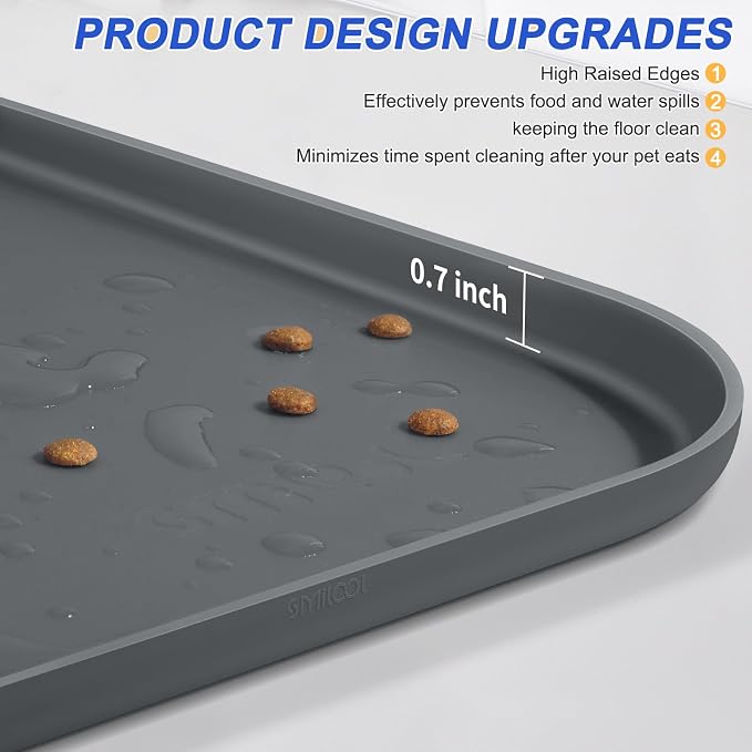 SMILOOL Waterproof Silicone Pet Food Mat with Raised Edge for Dog & Cat | 19" x 12" Non-Slip Pet Feeding Mats with Lip for Food & Water Bowl, Food Grade, Easy Cleaning, Dark Gray