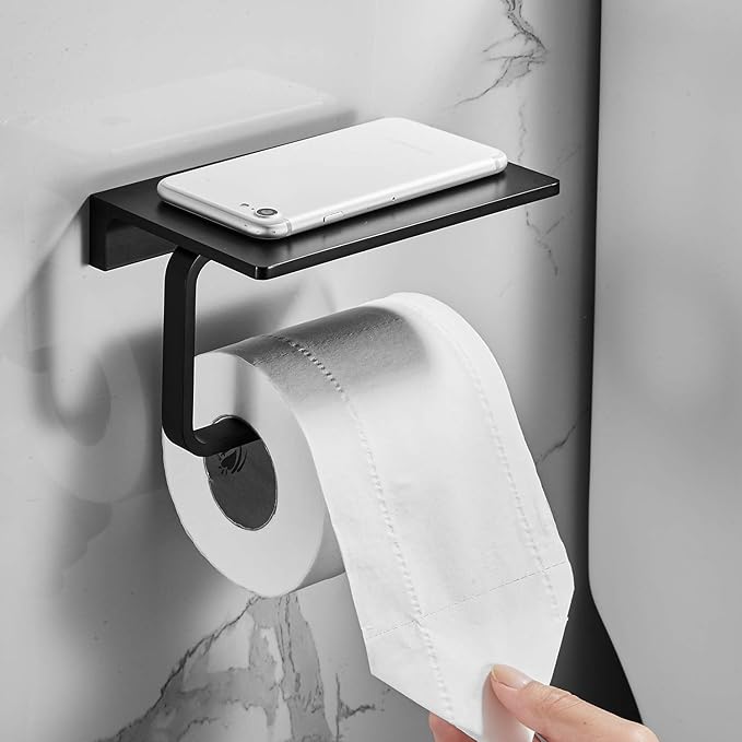 Toilet Roll Paper Holder Bathroom Solid Brass and Superior Hotel Style Wall Mount Tissue Roll Holder with Phone Shelf Matte Black Finished