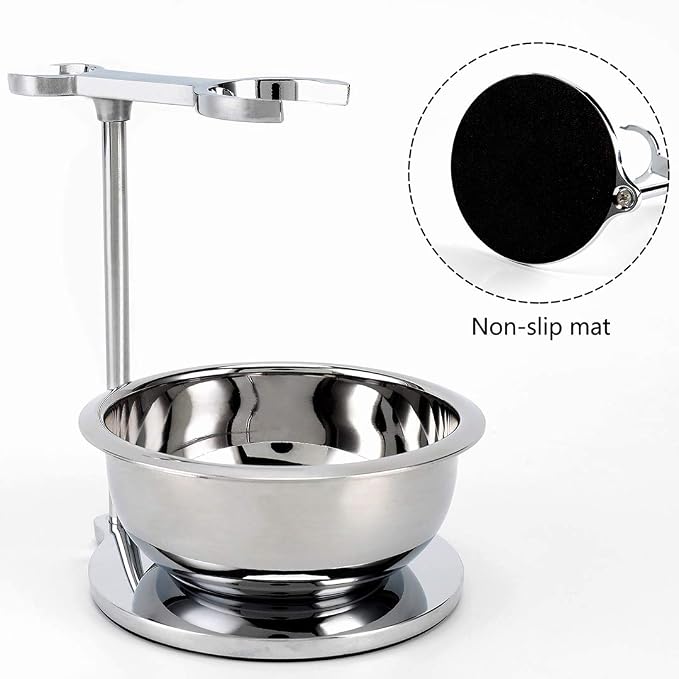 Deluxe Stainless Shave Razor Stand + Shaving Soap Bowl with Shaving Brush,Compatible with Gillette Fusion,Double Edge Safety Razor,Cartridge Razor