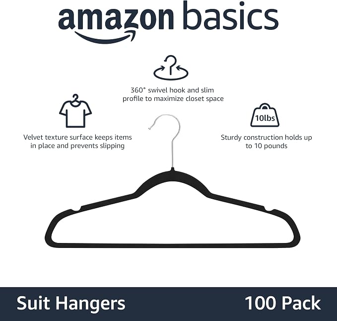 Amazon Basics Slim Velvet Non-Slip Space Saving Suit Clothes Hangers, Closet Organizer, Black/Silver, 100-Pack