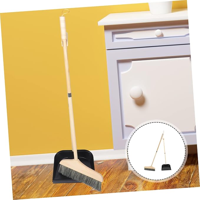 Mobestech 1 Set Solid Wood Bristle Broom and Dustpan Set Floor Broom Office Garbage Shovel Long Handle Dustpan Supple with Home Stainless Steel Toddler Soft Bucket