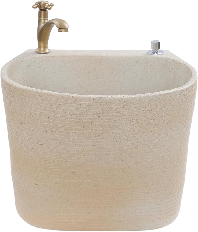 Garden Floor Mop Sink Set 16x13x16in, Ceramic Utility Mop Basin with Faucet and Button Drainage Large Capacity Mops Bucket for Garage Laundry Room Bathroom and Outdoor