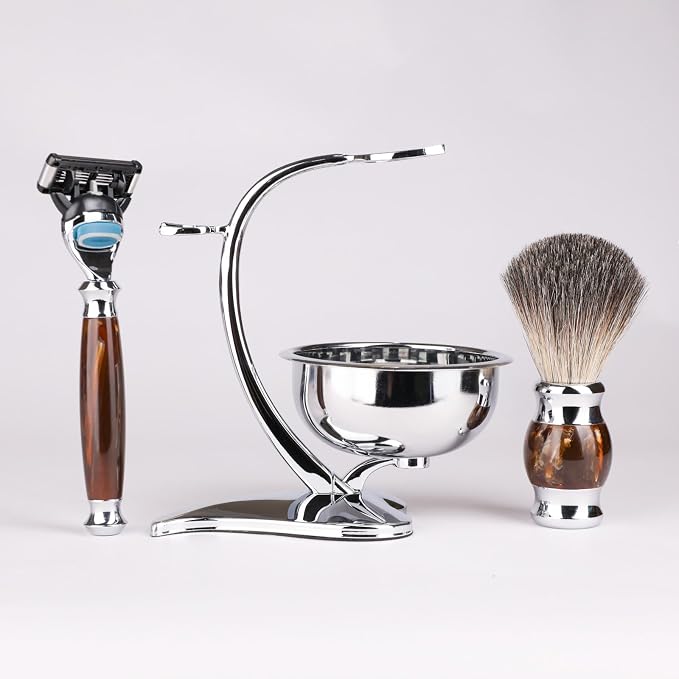 Luxury Shaving Kit for Men,Includes Badger Hair Brush,Wet Shave Soap Bowl and Safety Razor Compatible with 5-Layer Blade,Barber Style 4-Piece Gift for Men-Smooth and Close Shaving