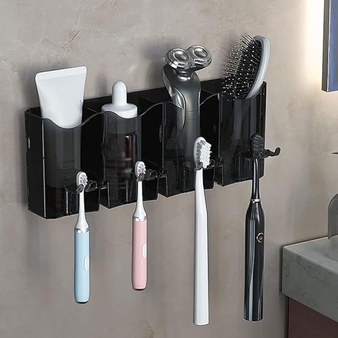 Toothbrush Rack Couple Toothbrush Holder Wall Mount Toothbrush Holder Bathroom Storage Rack with Mouthwash Cup, Toothpaste Squeezer Kit Bathroom Toothbrush Holder(A,Medium)
