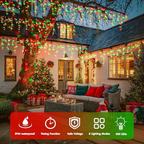 JMEXSUSS 400 LED 38.8ft Red and Green Christmas Icicle Lights Outdoor