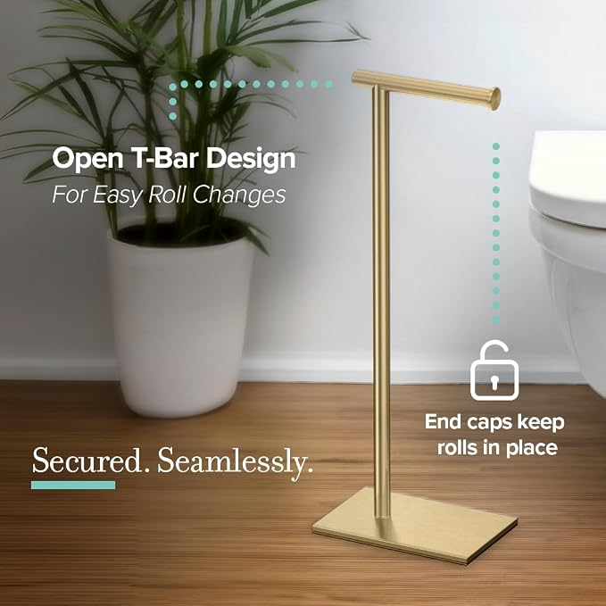 Gatco 1431B Freestanding Toilet Paper Holder Stand, Modern Bathroom Toilet Tissue Holder with Weighted Rectangle Base, Brushed Brass Finish, 22.25 Inch