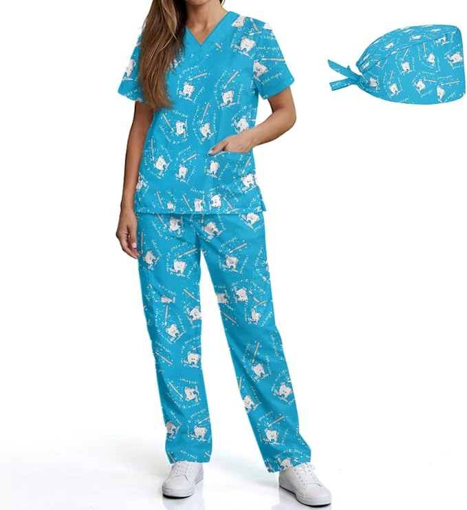Gomyblomy Women's Scrubs Suit 3-Piece Set | Teeth Print V-Neck Top & Pants & Cap, Breathable and Stretch Fabric, S-5XL