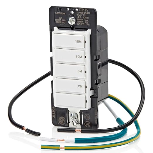 Leviton Countdown Timer Switch for bathroom fan and household lights, 2-5-10-15 min, No Neutral Required, Single Pole, 15A, 1/2 HP/9.8A Fan/Motor, DT115-1LW, White