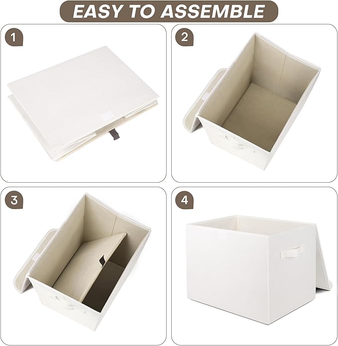 Bagnizer Large 22 Quart Linen Fabric Foldable Storage Bin Cube Organizer Basket with Flip-Top Lid & Handles, Clothes Blanket Box for Home, Office, Closet, White, 4 Pack 14.6 x 9.5 x 9.5”